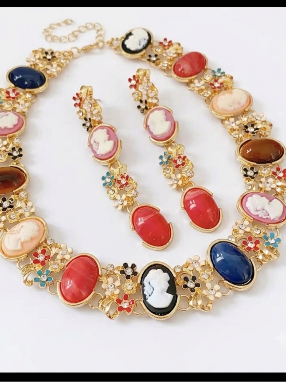 Gold-Tone Multicolor Cameo Necklace with Matching Earrings - Pink/Red/Blue/Black